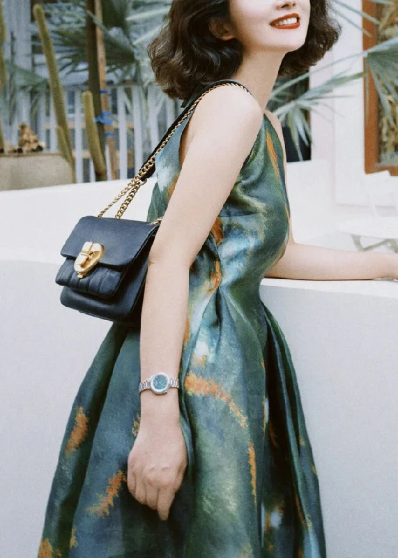 French Green Print High Waist Silk Long Dress Sleeveless KK030 Tunics Travel practical