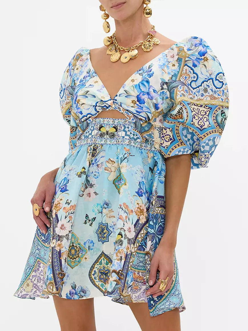 Puff-Sleeve Printed Mini Dress with Crystals Fashionable Polka Dot Mini Dress