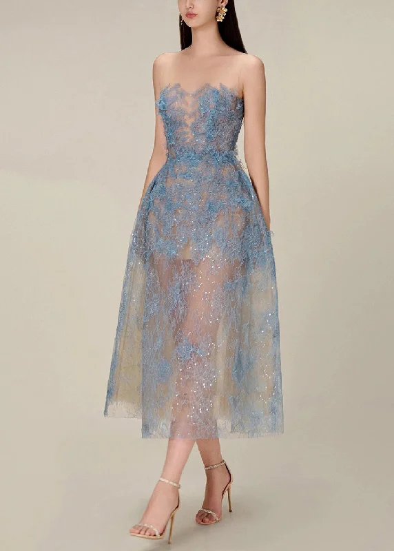 French Blue Zippered Lace Sequins Tulle Long Dress Sleeveless KK016 Tunics Chic fashionable French Blue Zippered Lace Sequins Tulle Long Dress Sleeveless KK016 Tunics Chic fashionable
