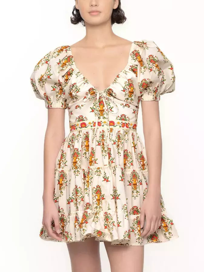 Printed Puff-Sleeve Mini Dress with Adjustable V-Neck Drawstring Casual V-Neck Mini Dress Printed Puff-Sleeve Mini Dress with Adjustable V-Neck Drawstring Casual V-Neck Mini Dress
