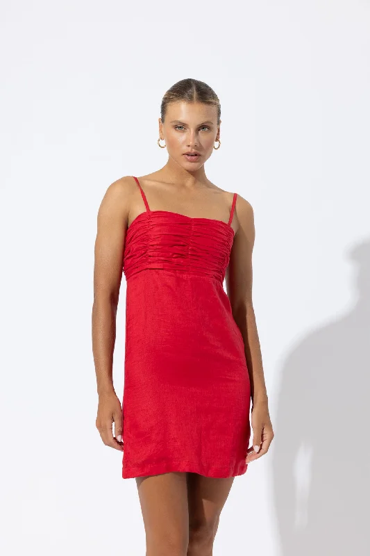 Austin Linen Mini Dress in Radiant Red Classic Floral Mini Dress