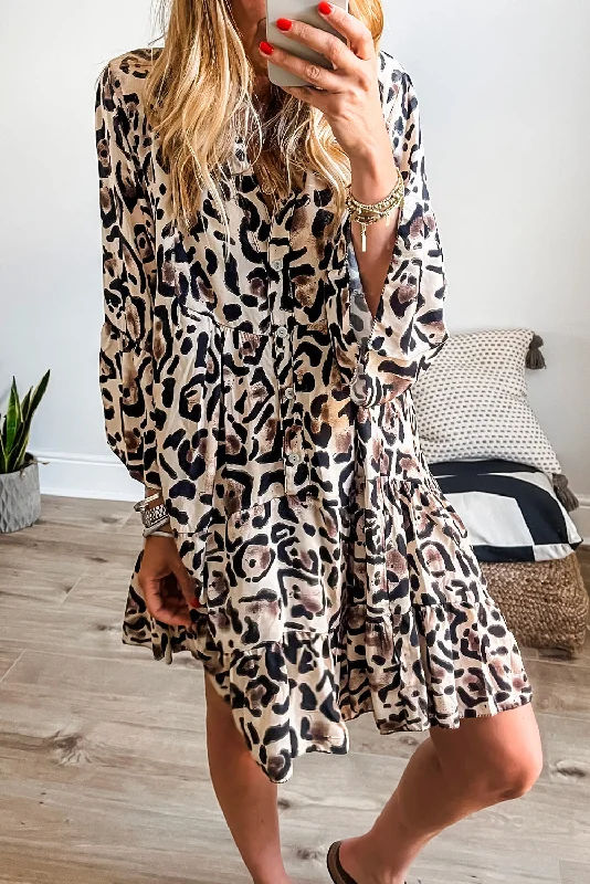 Black Leopard Button V Neck Flowy Mini Dress Cozy A-Line Mini Dress