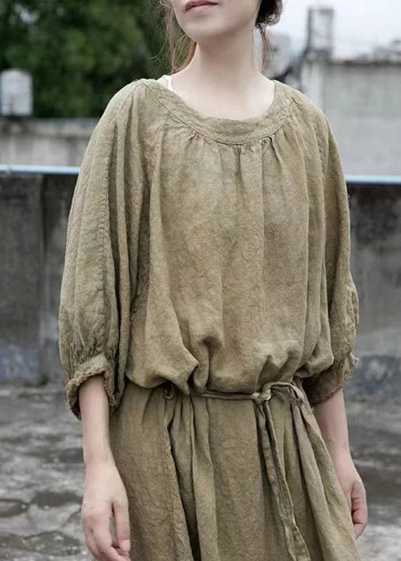 Loose Green O Neck Tie Waist Linen Dress Half Sleeve MN092 Tunics Velvet soft
