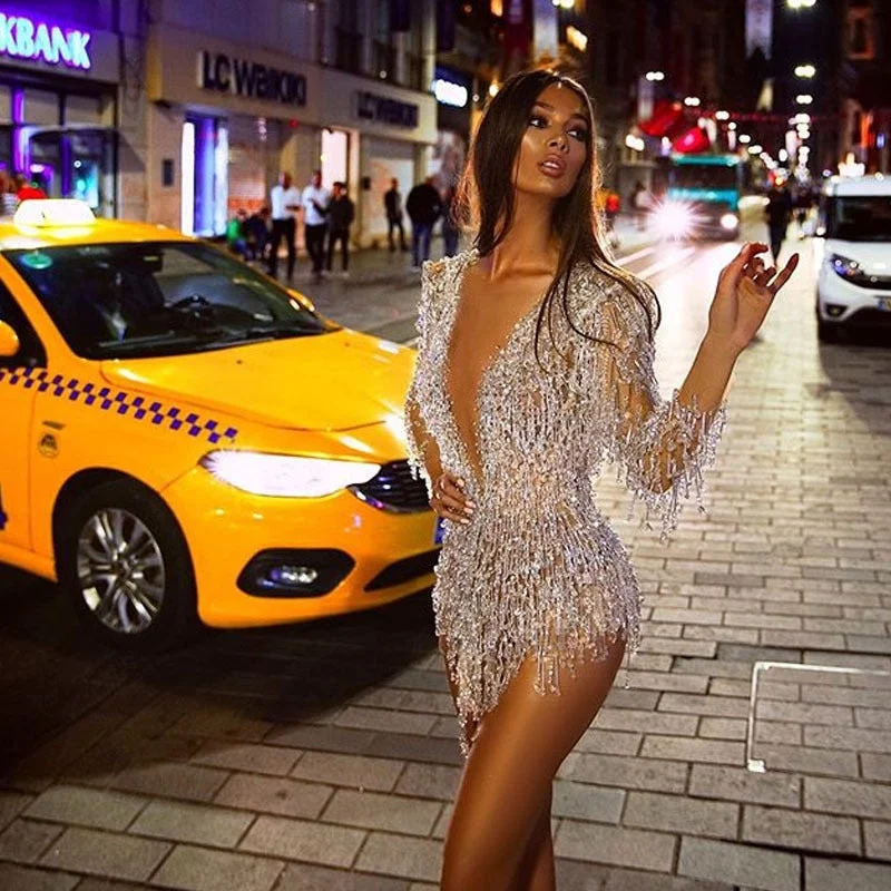 Zjkrl - Fringed Sequined Long Sleeve Mini Evening Dress Tunics Chic fashionable