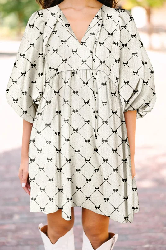 White Sweet Bow Print Lantern Sleeve Mini Dress Elegant Lace Mini Dress