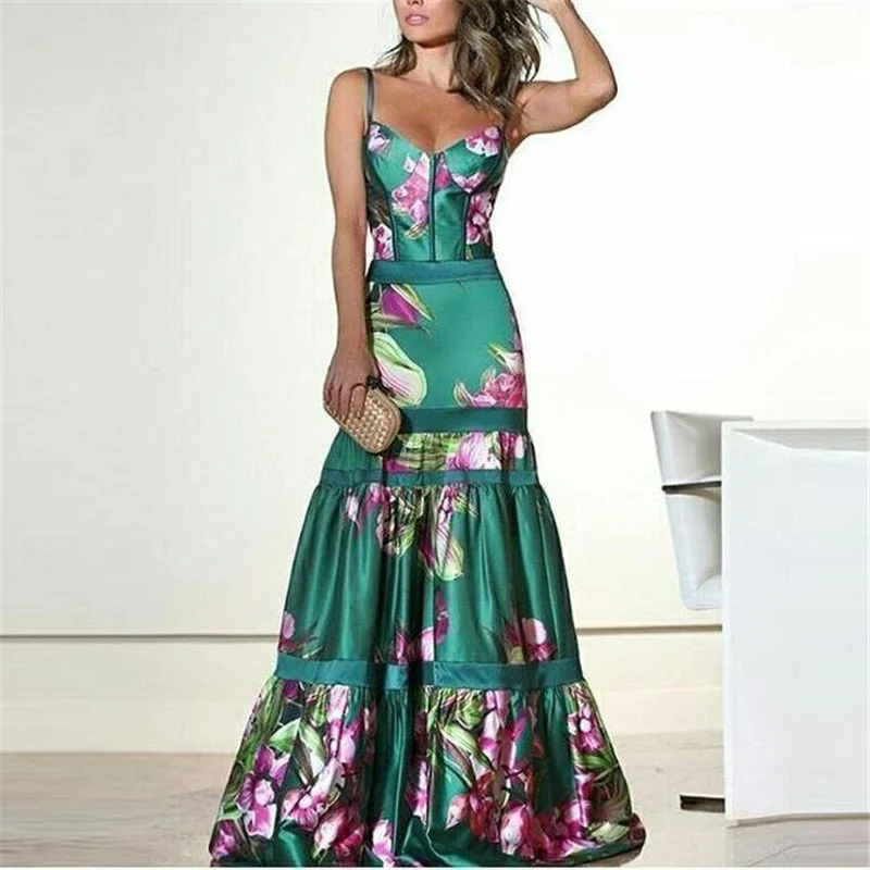 Zjkrl - Evening Party Dresses Women Natural Silk Dress Retro Floral Print Maxi Dress Ladies Strap Pleated Oversized Dress Vestidos Tunics Sophisticated sleek