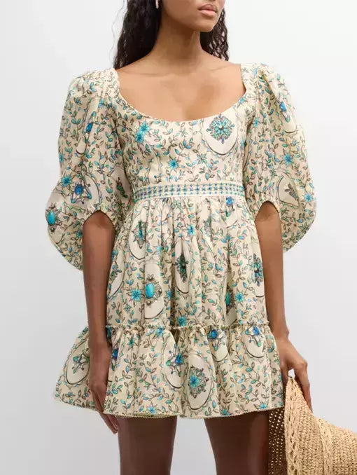 Puff-Sleeve Linen Printed Mini Dress Chic Pleated Mini Dress