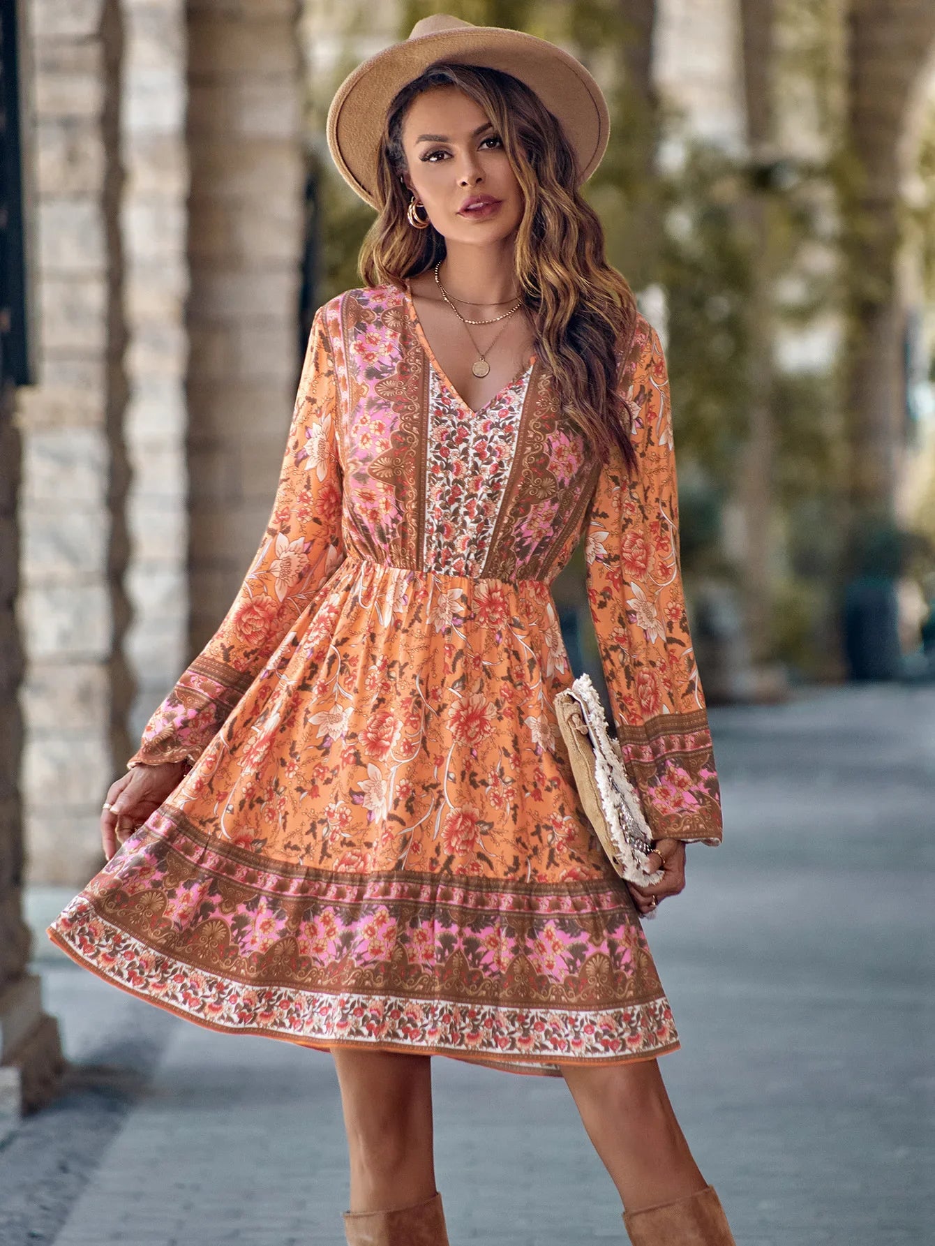 Ashore Shop Boho Long Sleeve Mini Dress Women Vintage Pink Floral Print Cozy Cowl Neck Mini Dress Ashore Shop Boho Long Sleeve Mini Dress Women Vintage Pink Floral Print Cozy Cowl Neck Mini Dress