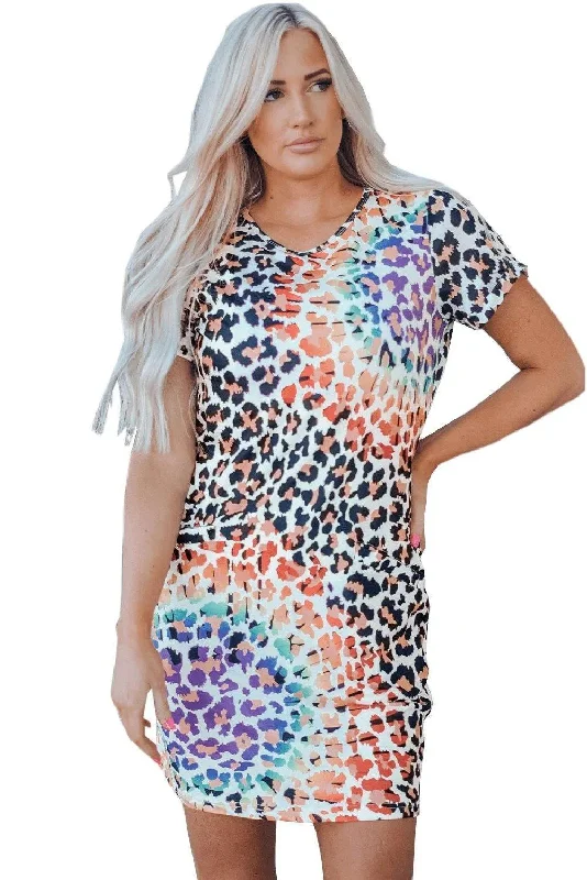 Leopard Reverse Tie Dye Rainbow Pocket Mini Dress Comfortable Linen Mini Dress