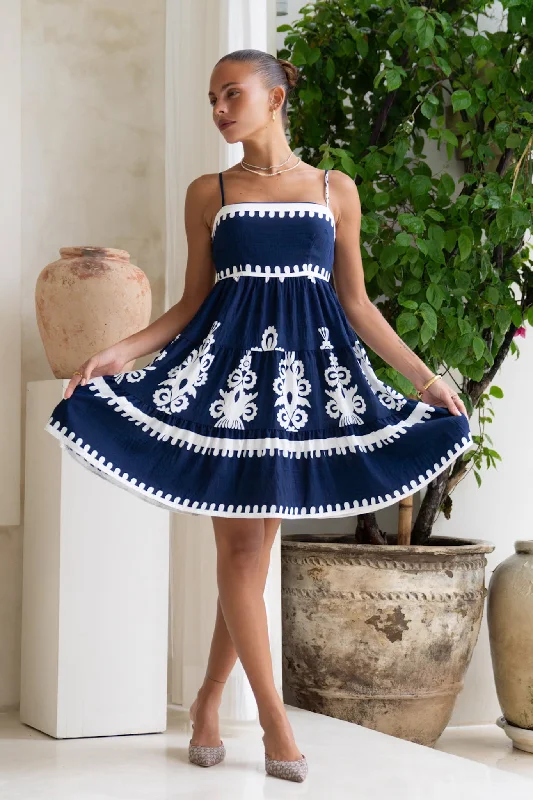 Lucina Navy Blue Abstract Flared Mini Dress Classic Solid Mini Dress