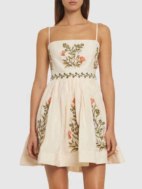 Floral Embroidered Linen Mini Dress Elegant Lace Mini Dress