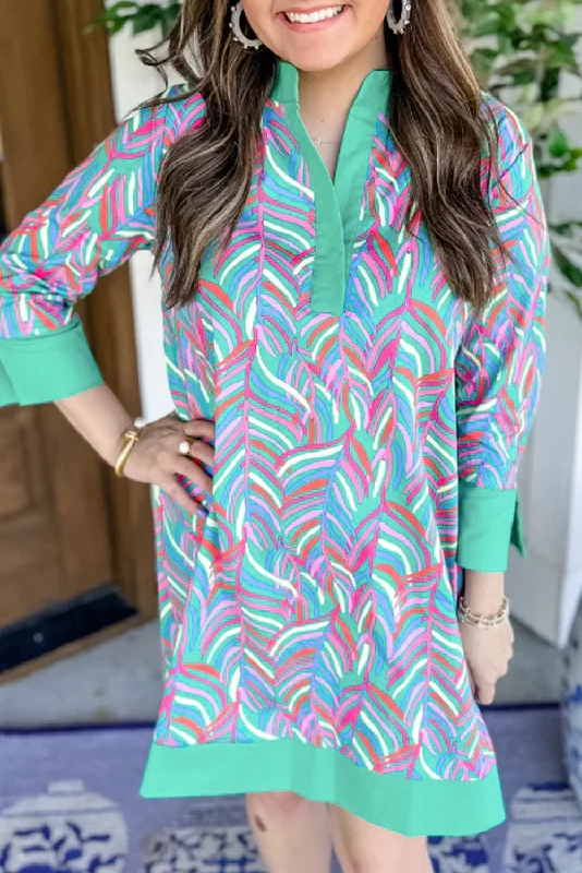 Green Striped Contrast Trim V Neck Mini Dress Stylish Button-Down Mini Dress