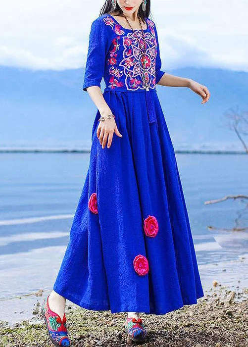 Vintage Blue Embroidered Tie Waist Cotton Long Dress Half Sleeve KK094 Tunics Brand named