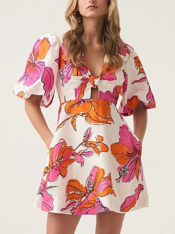 Abstract Hibiscus Print Knotted Puff-Sleeve Mini Dress Stylish Puff Sleeve Mini Dress Abstract Hibiscus Print Knotted Puff-Sleeve Mini Dress Stylish Puff Sleeve Mini Dress