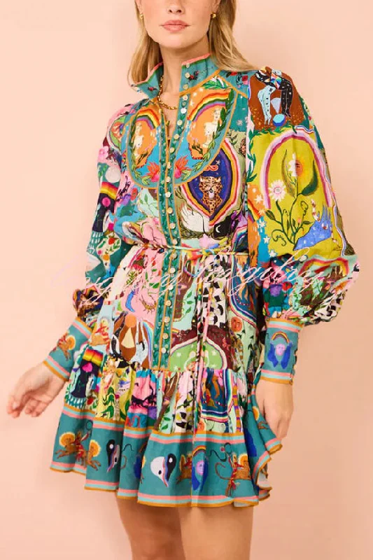 Touch of Luxury Unique Print Balloon Sleeve Button Shirt Mini Dress Trendy Bodycon Mini Dress