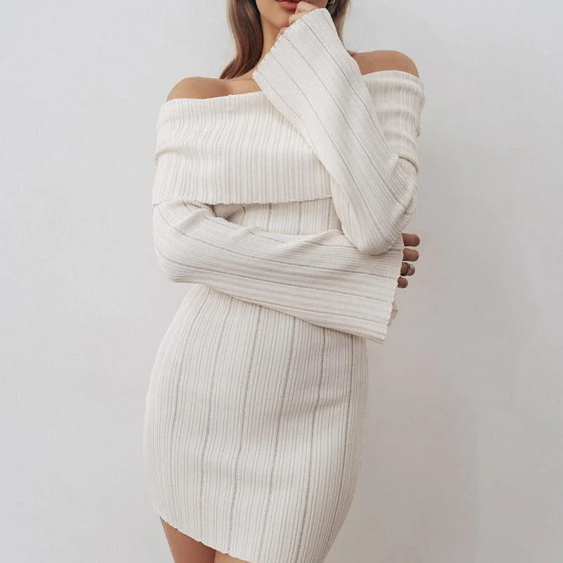 Off-Shoulder Ribbed Knit Long Sleeve Mini Dress - Elegant Slim Fit Elegant Satin Mini Dress Off-Shoulder Ribbed Knit Long Sleeve Mini Dress - Elegant Slim Fit Elegant Satin Mini Dress