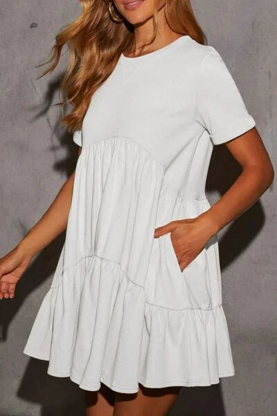 Tiered Round Neck Short Sleeve Mini Dress Cozy T-Shirt Mini Dress