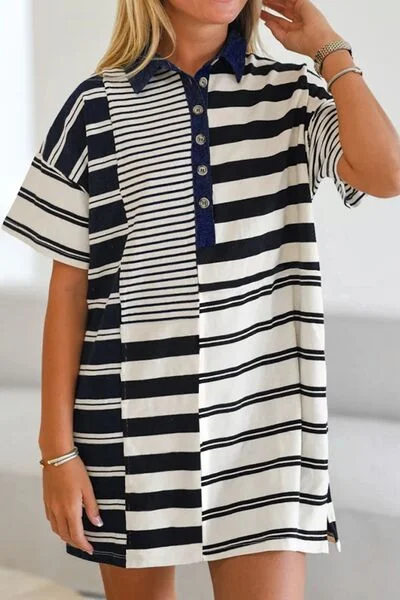 Button Detail Striped Short Sleeve Mini Dress Stylish Floral Print Mini Dress