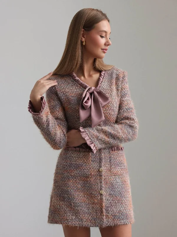 Romantic Bow-Detail Tweed Mini Dress Cozy Ruched Mini Dress
