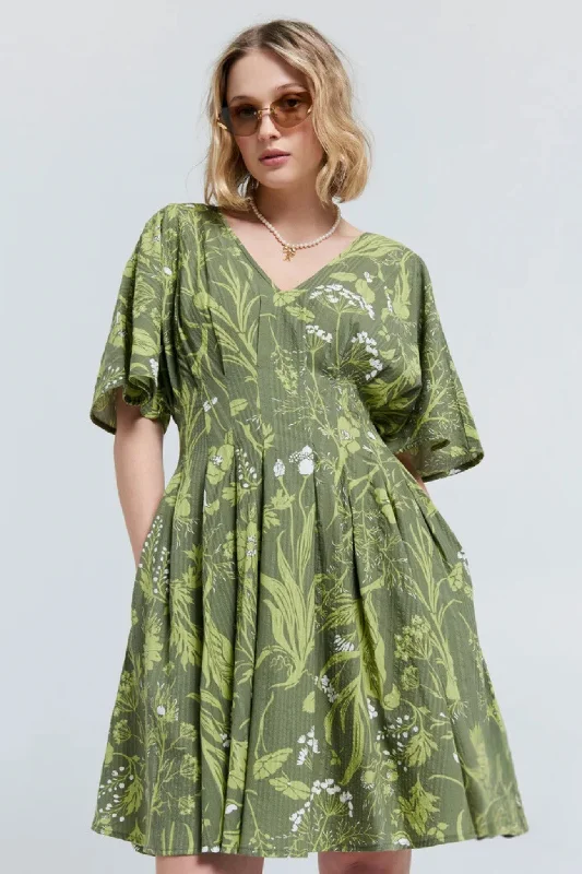 Karen Walker - Florence Mini Dress Wild Flowers Green Cozy Ribbed Mini Dress
