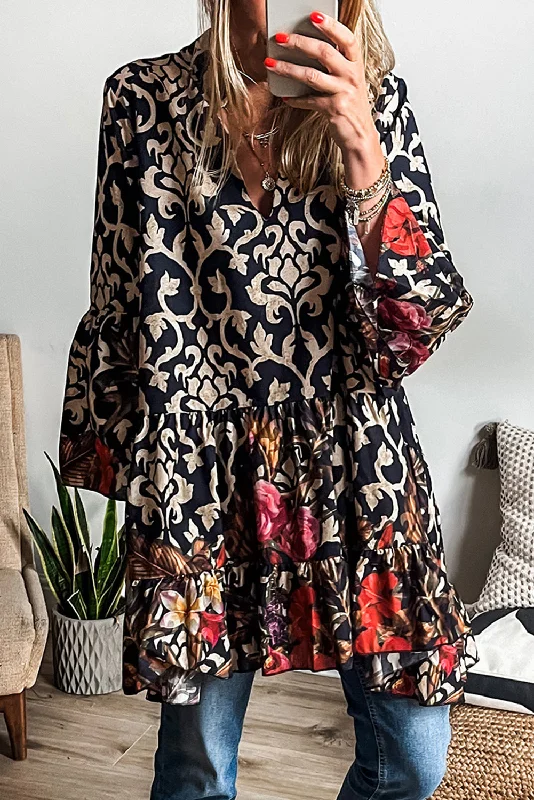 Black Abstract Print V-Neck Tiered Mini Dress Cozy Long Sleeve Mini Dress