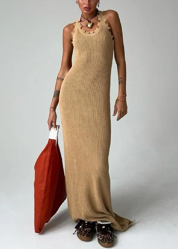 Slim Fit Khaki O Neck Solid Knit Maxi Dresses Sleeveless BB058 Tunics Sophisticated sleek Slim Fit Khaki O Neck Solid Knit Maxi Dresses Sleeveless BB058 Tunics Sophisticated sleek