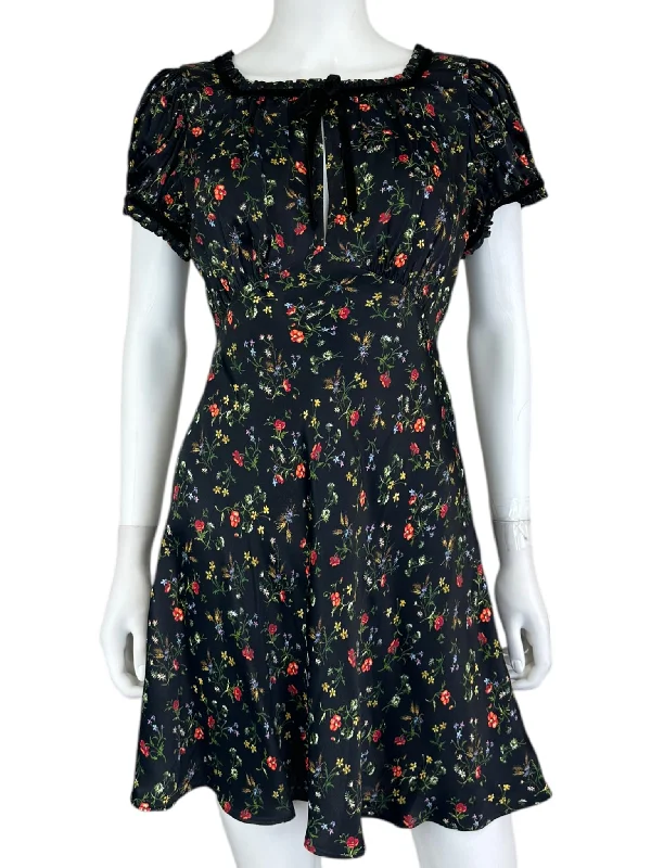DOEN Black Floral Mini Dress Size S Cozy Cowl Neck Mini Dress