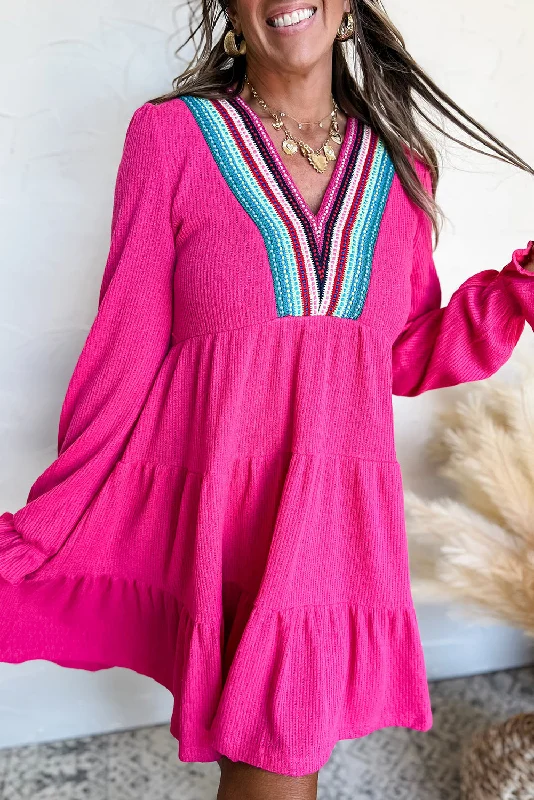 Rose Red Striped V Neck Textured Tiered Mini Dress Fashionable Mini Dress with Slits Rose Red Striped V Neck Textured Tiered Mini Dress Fashionable Mini Dress with Slits