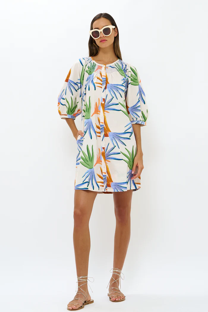 Embroidered Button Mini Dress in Green Fortuna Classic White Mini Dress