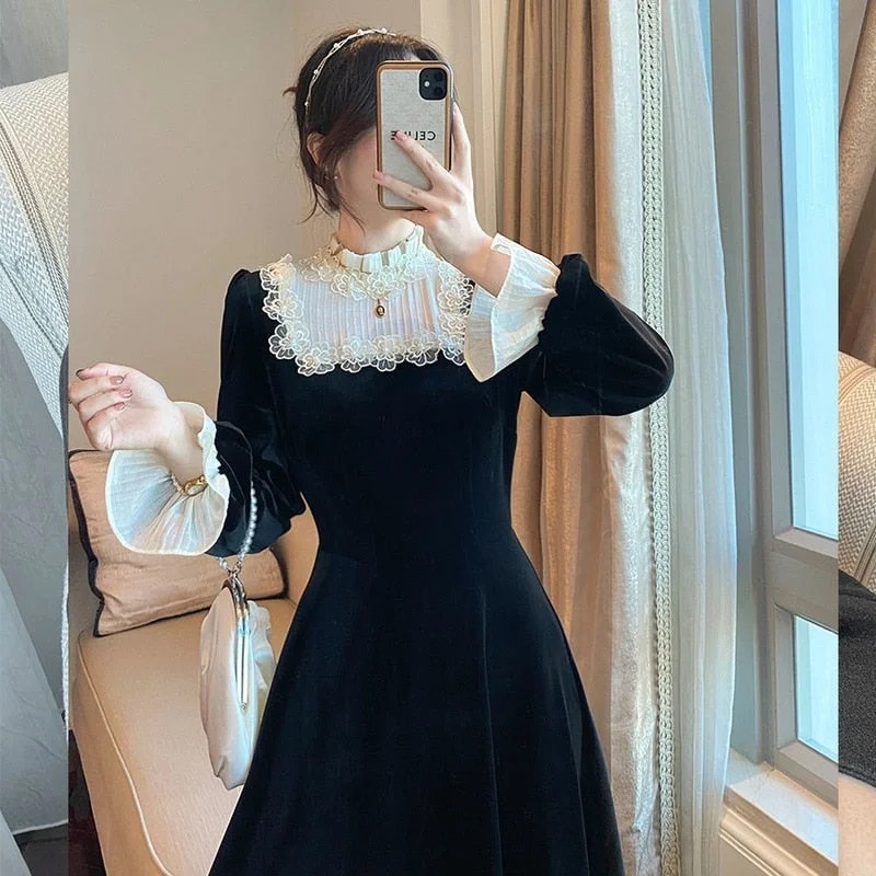 Zjkrl - French Retro Black Midi Dress Women Elegant One Piece Dress Korean Autumn SLim Lace Evening Party Velvet Dress Female Cute Tunics Plaid country Zjkrl - French Retro Black Midi Dress Women Elegant One Piece Dress Korean Autumn SLim Lace Evening Party Velvet Dress Female Cute Tunics Plaid country