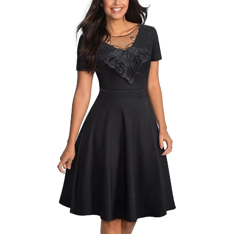 Round Neck Short Sleeve Lace-Embroidered Mini Dress Black Stylish Short-Sleeve Mini Dress Round Neck Short Sleeve Lace-Embroidered Mini Dress Black Stylish Short-Sleeve Mini Dress