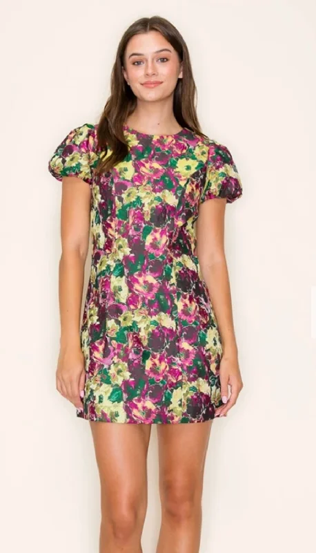 Puff sleeve floral jacquard mini dress Stylish Sweetheart Mini Dress