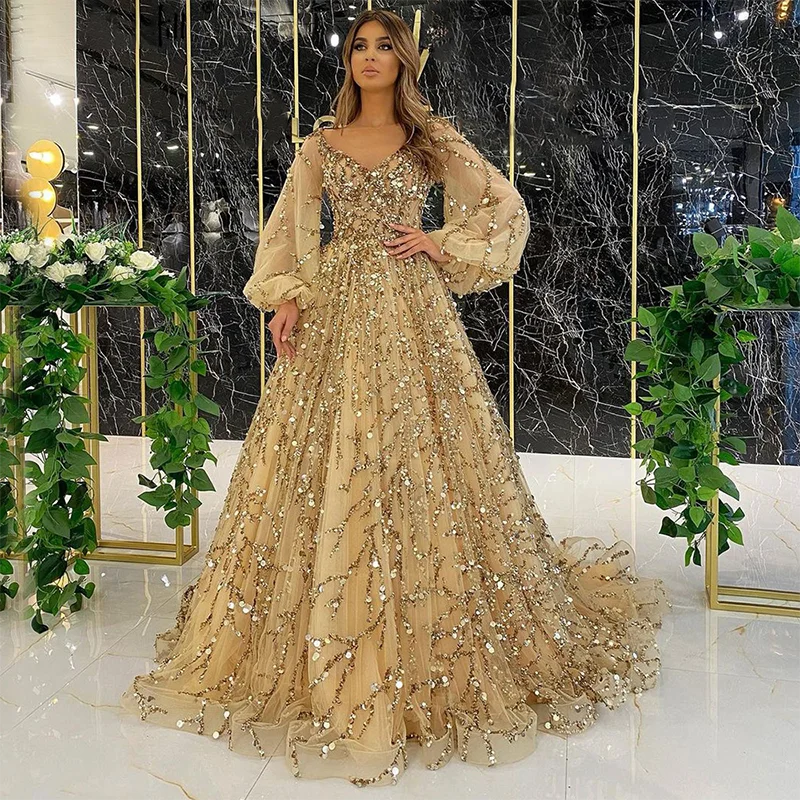Luxury Gold Sequins Beads Prom Dresses Long Puff Sleeves A-line Wedding Woman Party Evening Gown Custom vestidos de fiesta Tunics Bridal satin