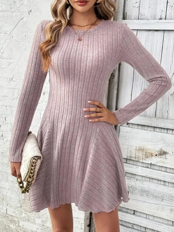 Ribbed Round Neck Long Sleeve Mini Dress Stylish Ruffle Mini Dress