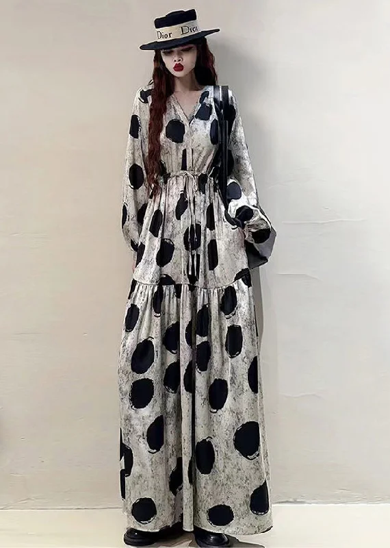 Loose Grey Print Lace Up Pockets Cotton Long Dresses Spring KK039 Tunics Timeless classic