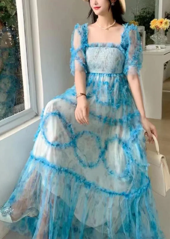 Fashion Blue Square Collar Ruffled Print Tulle Long Dress Summer XX075 Tunics Prom sequined Fashion Blue Square Collar Ruffled Print Tulle Long Dress Summer XX075 Tunics Prom sequined