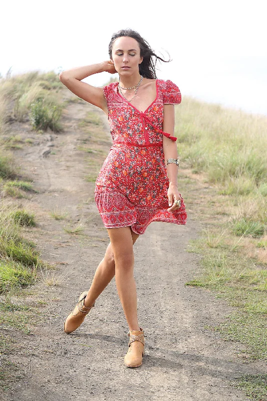 Lily Boho Mini Dress - Scarlet Red Cozy Ruched Mini Dress