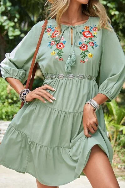 Embroidered Tie Neck Three-Quarter Sleeve Mini Dress Cozy Jersey Mini Dress
