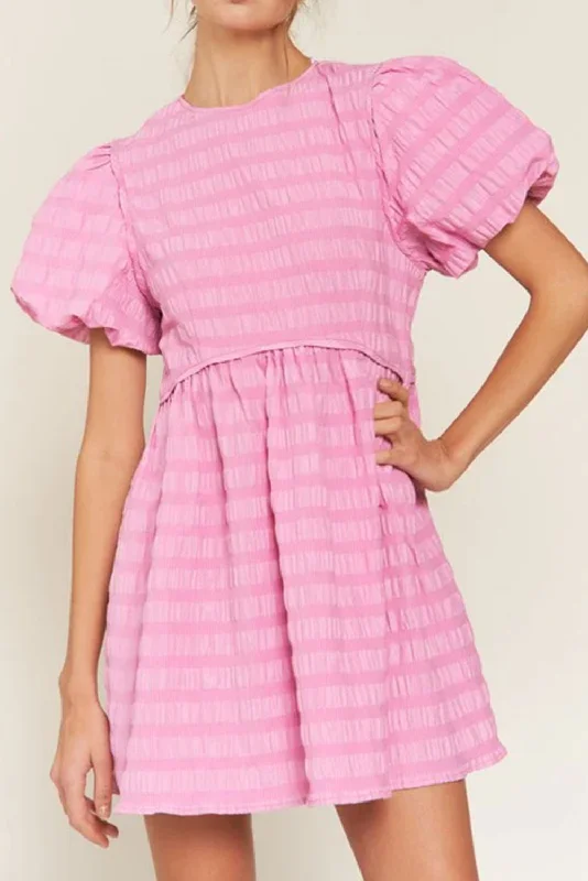 Bonbon Bubble Sleeve Textured Mini Dress Comfortable Smocked Mini Dress