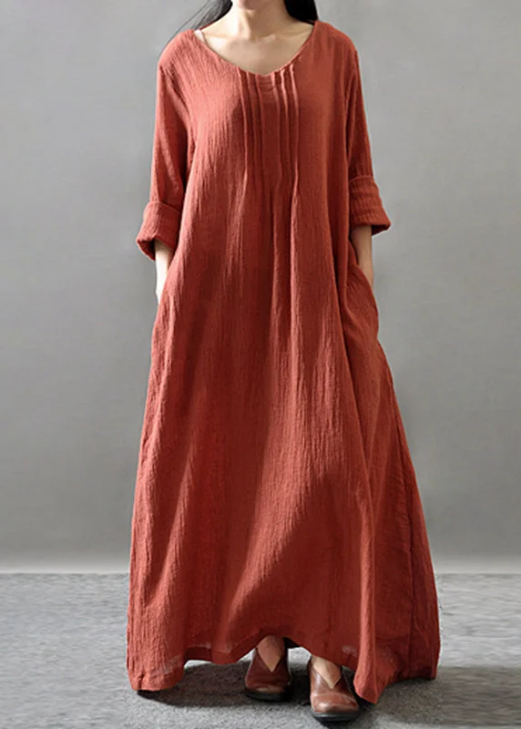 Loose Orange O-Neck Long Dress Spring VV065 Tunics Plaid country