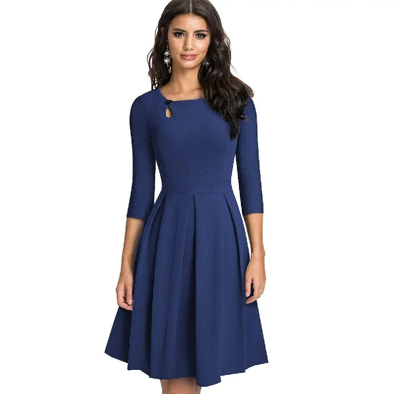 Pleated Round-neck With Button 3/4 Sleeve Mini Dress Comfortable Polka Dot Mini Dress Pleated Round-neck With Button 3/4 Sleeve Mini Dress Comfortable Polka Dot Mini Dress