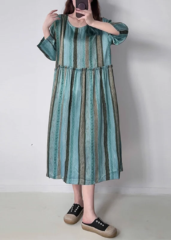 Green O-Neck Ruffled Wrinkled Silk Cotto Maxi Dress Spring VV040 Tunics Long Elegant