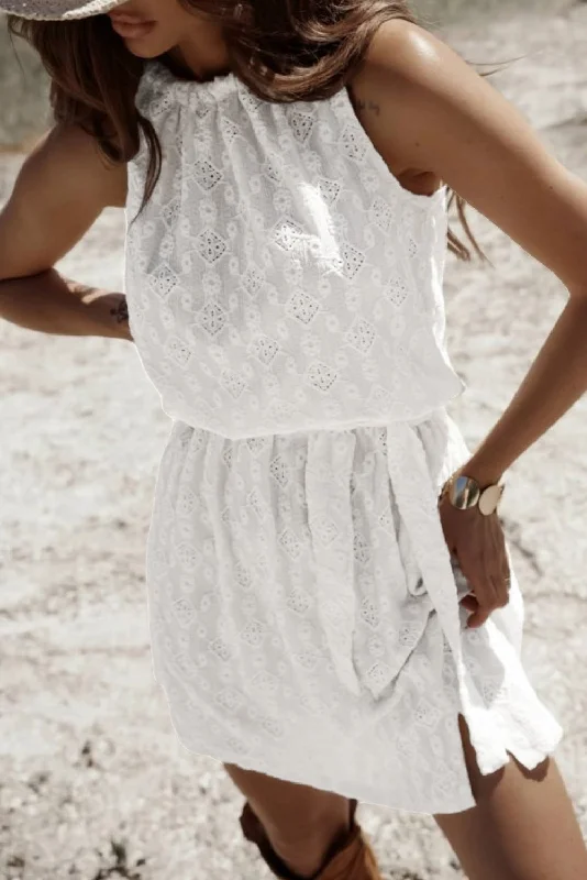 White Lace Sleeveless Knot Hollow Out Back Tied Waist Mini Dress Trendy Cut-Out Mini Dress White Lace Sleeveless Knot Hollow Out Back Tied Waist Mini Dress Trendy Cut-Out Mini Dress