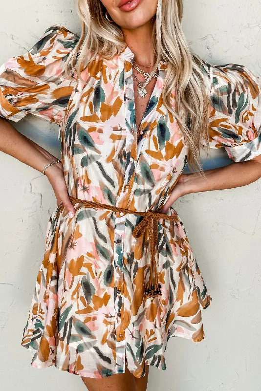 Brown Abstract Puff Sleeve Button Up Braided Belt Mini Dress Fashionable Mini Dress with Frills Brown Abstract Puff Sleeve Button Up Braided Belt Mini Dress Fashionable Mini Dress with Frills