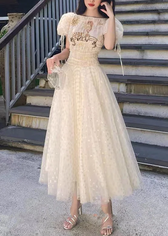Elegant Apricot Ruffled Elastic Waist Tulle Long Dresses Summer KK028 Tunics Short Trendy Elegant Apricot Ruffled Elastic Waist Tulle Long Dresses Summer KK028 Tunics Short Trendy
