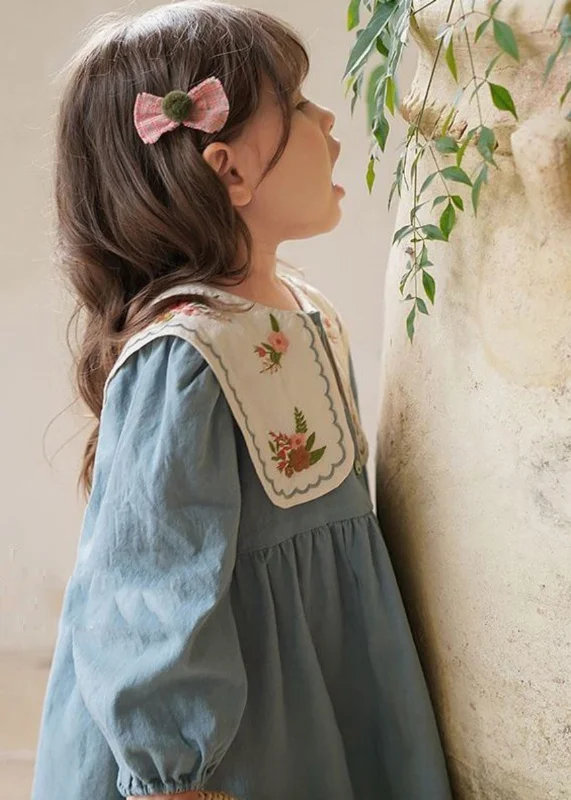 Fashion Blue Embroideried Patchwork Girls Long Dress Fall SS1034 Tunics Velvet soft