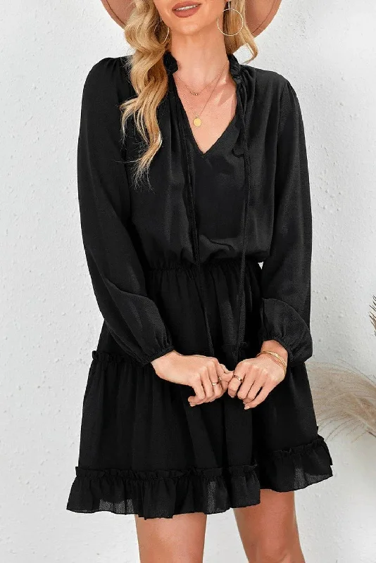Black V Neck Long Sleeve Ruffle Tiered Mini Dress Modern Satin Mini Dress