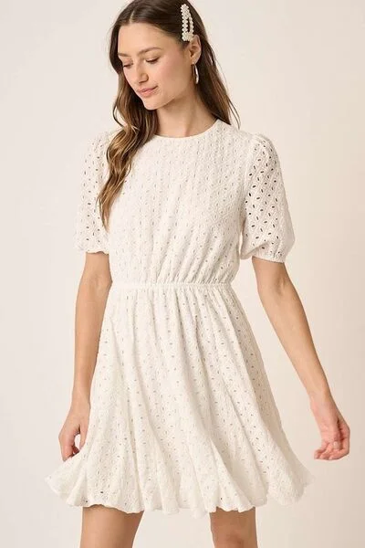 Eyelet Round Neck Puff Sleeve White Mini Dress – Perfect for Summer 2025 Elegant Satin Mini Dress Eyelet Round Neck Puff Sleeve White Mini Dress – Perfect for Summer 2025 Elegant Satin Mini Dress