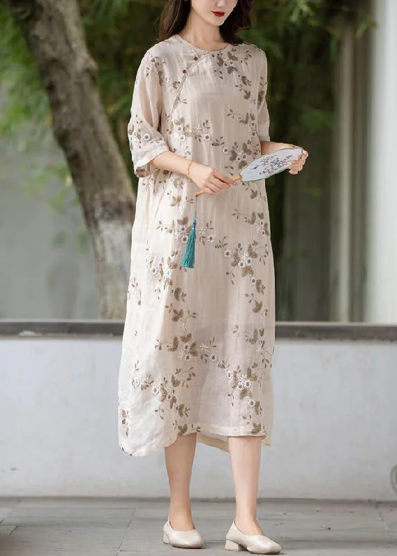 Apricot Button Linen Long Dress O Neck Half Sleeve MN056 Tunics Modern contemporary