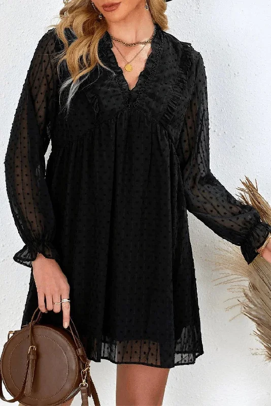 Black Swiss Dot Ruffle V Neck Mini Dress Trendy Mesh Mini Dress